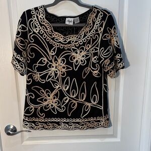 Studio Black Top with Cream Embroidery Metallic Threading Size L